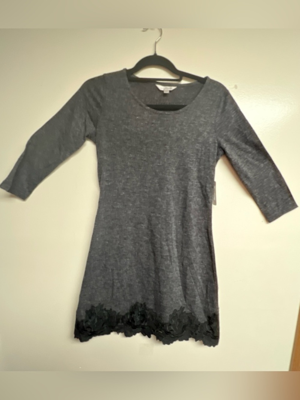 Charming Charlie Gray Long Sleeve Scoop Neck Dress with Black Floral Hem